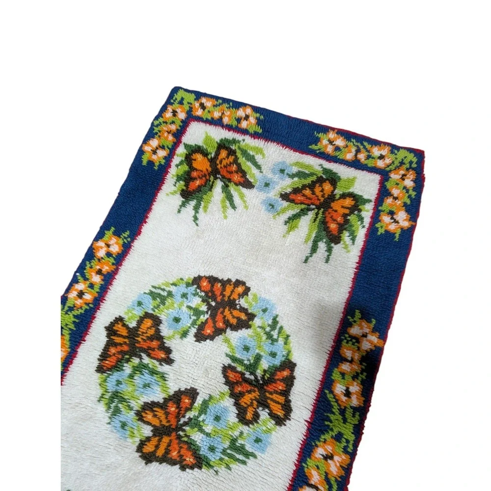 Vintage Latch Hook Butterfly Rug 56x29 Handmade Monarch Floral Wall Hanging